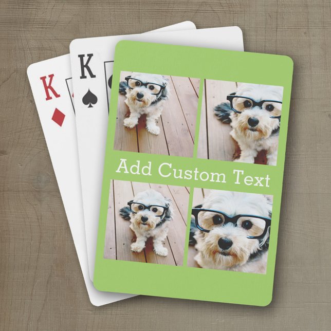 Baraja De Cartas 4 Collage de fotos - White Serif Text - Lime Green (Personalized playing cards with photos and custom text)