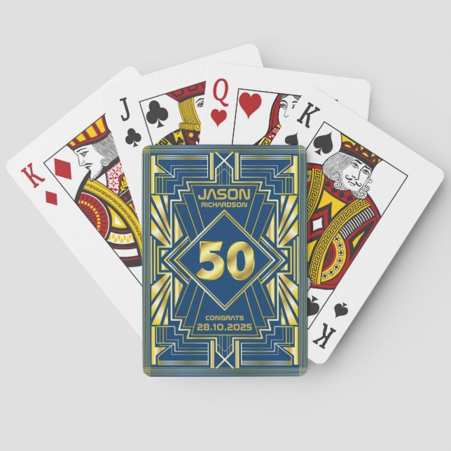 Baraja De Cartas 50.º cumpleaños Art Deco Oro Azul Gran Gatsby (Reverso)