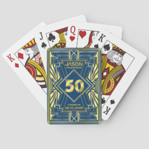 Baraja De Cartas 50.º cumpleaños Art Deco Oro Azul Gran Gatsby