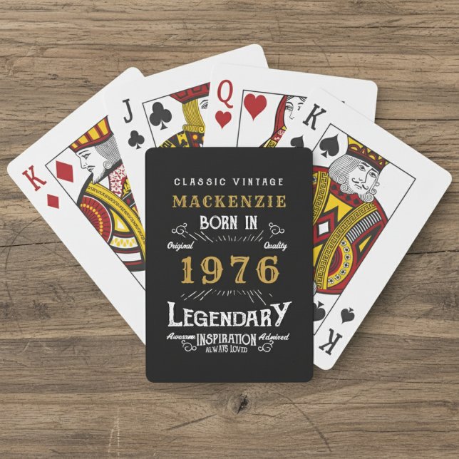 Baraja De Cartas 50th Birthday Born 1976 Legend Black Gold (Born 1976 playing cards. Wood background.)