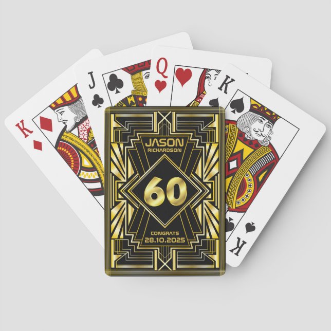 Baraja De Cartas 60.º cumpleaños Art Deco Oro Gran Gatsby Negro (Reverso)