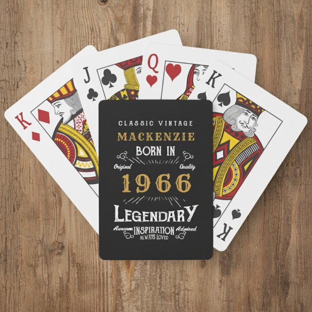 Baraja De Cartas 60th Birthday Born 1966 Legend Black Gold (Born 1966 playing cards on a wood background.)