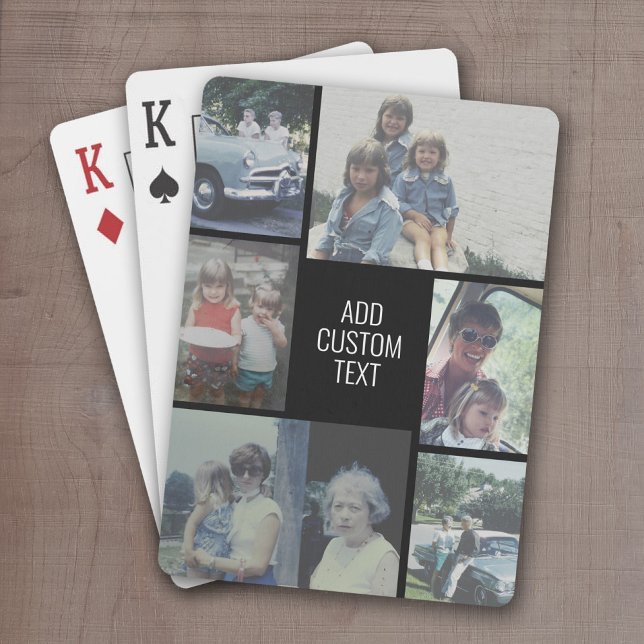 Baraja De Cartas 6 collage de fotos - fondo negro - texto blanco (Personalized Playing Cards - Add 6 Photos and Custom Text)