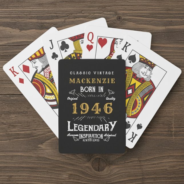 Baraja De Cartas 80th Birthday Born 1946 Legend Black Gold (Born 1946 playing cards. Wood  background.)