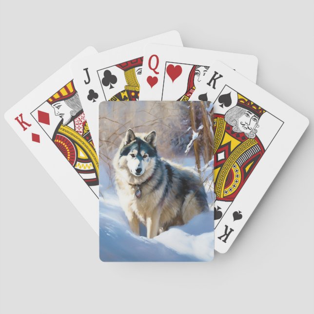 Baraja De Cartas Aaskan Malamute deja que nieve Navidades (Reverso)