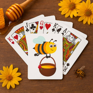 Baraja De Cartas Abeja cortada llevando una maceta de miel con flor