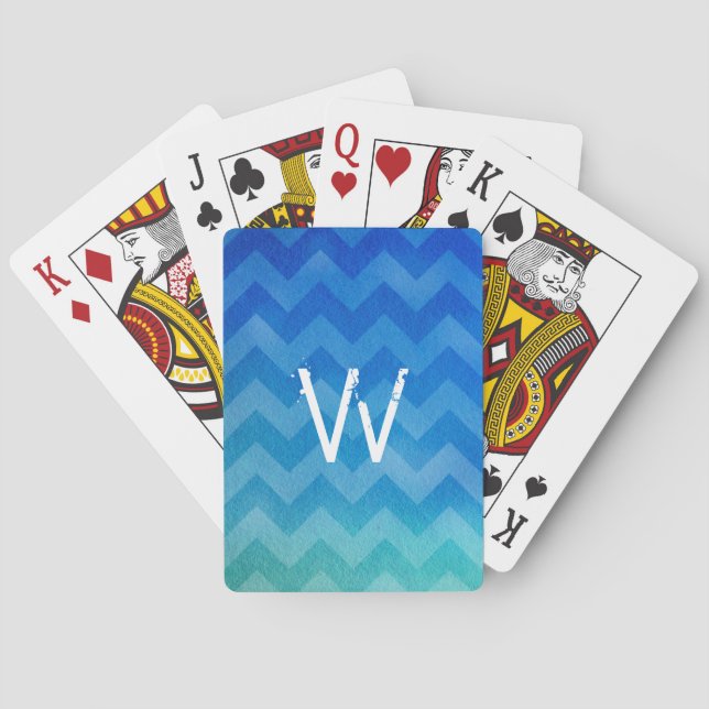 Baraja De Cartas Acuarela azul monogramada Ombre Zigzag