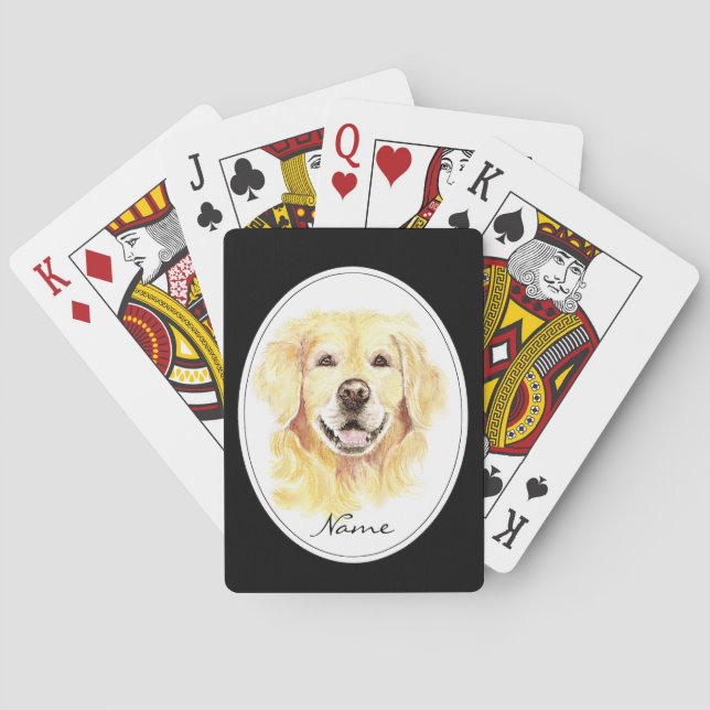 Baraja De Cartas Acuarela con nombre personalizado de Golden Retrie (Reverso)