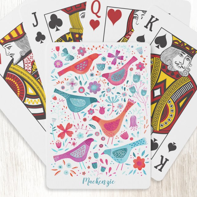 Baraja De Cartas Acuarela de aves y flores personalizada (Personalized name script watercolor bird and wild flower art playing cards)