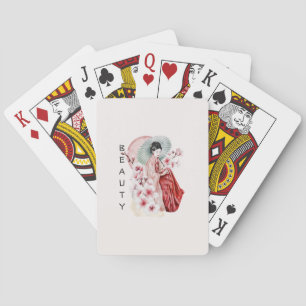 Baraja De Cartas Acuarela japonesa de geisha con Kimono y Sakura