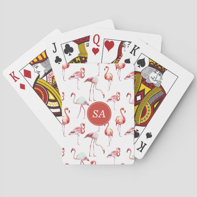 Baraja De Cartas Acuarela Monogramada Flamingo Rosa Tropical (Reverso)