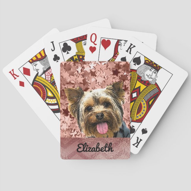 Baraja De Cartas Adorable Yorkie Rosa Oro Nombre Perro Mascota (Reverso)
