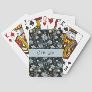Baraja De Cartas Adornos Navideños de Poinsettias Azules y Dorados