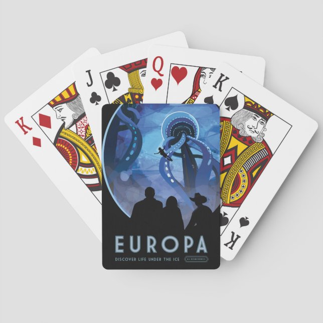 Baraja De Cartas Afiche de viaje espacial retro - Europa de la luna (Reverso)