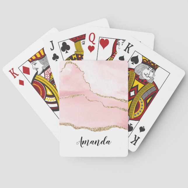 Baraja De Cartas Agante Rubor rosa con cinta dorada elegante (Reverso)