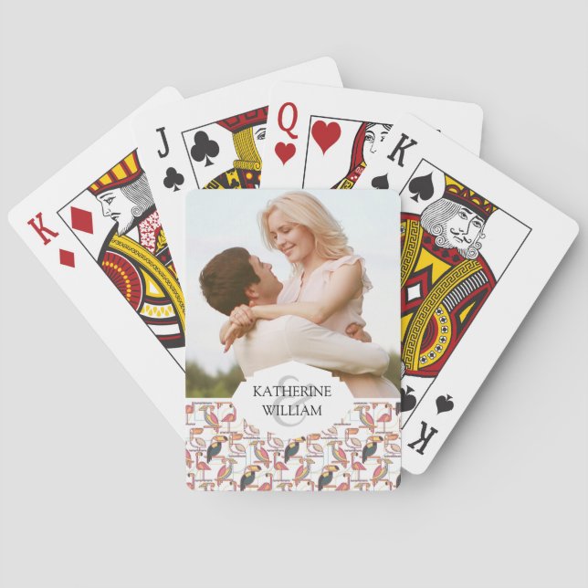 Baraja De Cartas Agrega tu nombre | Patrón Con Aves Tropicales (Reverso)