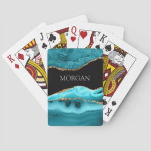 Baraja De Cartas Aguamarina dorada y teal, brillo, nombre gris en n