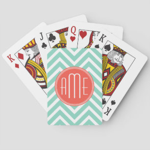 Baraja De Cartas Aguamarina elegante monograma verde del