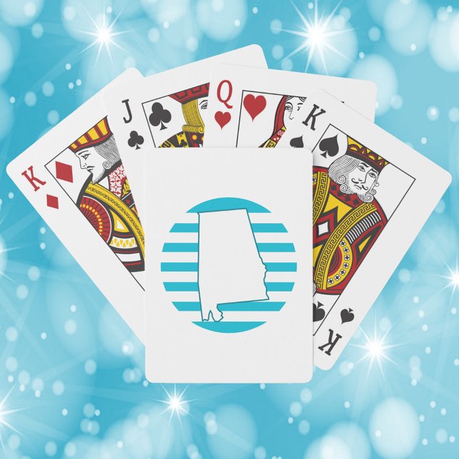 Baraja De Cartas Alabama Estado de EE.UU. Esbozo Círculo Azul Retro (Playing cards with a design of the state outline of Alabama and a blue retro circle.)