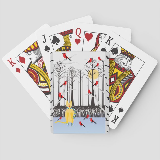 Baraja De Cartas Alegría de invierno - Gato con cardenales de Birch (Reverso)