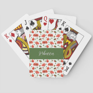 Baraja De Cartas Amapola Roja Flor Silvestre Acuarela Monograma Nom