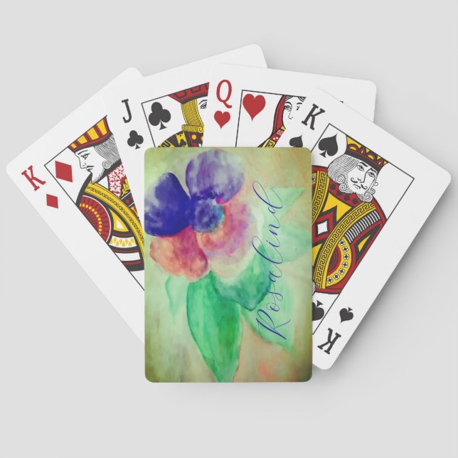 Baraja De Cartas Añadir nombre Floral violeta azul y rosa pastel (Reverso)