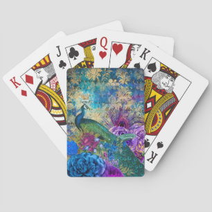 Baraja De Cartas Antiguo Pavón Ilustrado y Flores Grunge