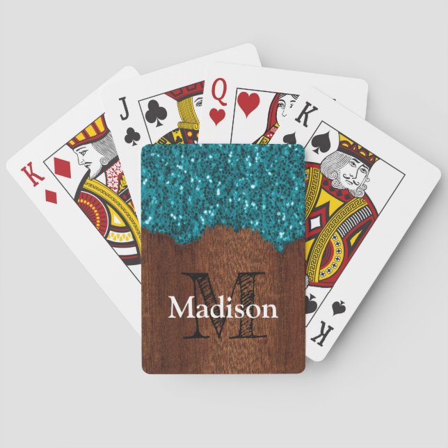 Baraja De Cartas Aqua azul brillante madera marrón rústica Monogram (Reverso)