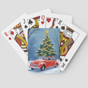 Baraja De Cartas Árbol de Navidad con Coche Antiguo Rojo