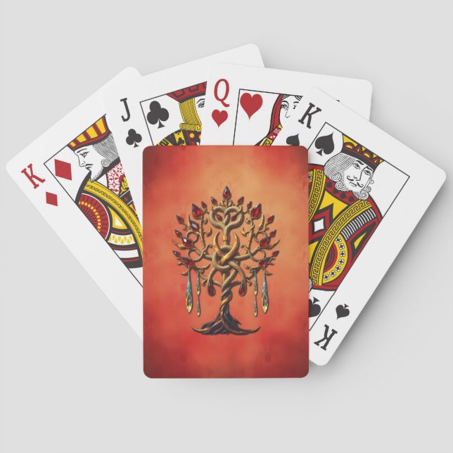 Baraja De Cartas Árbol dorado de la vida con piedras preciosas roja (Reverso)