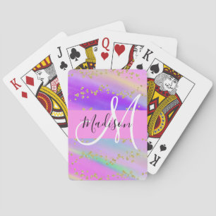 Baraja De Cartas Arcoíris de Unicornio Colorido Monograma de Oro co
