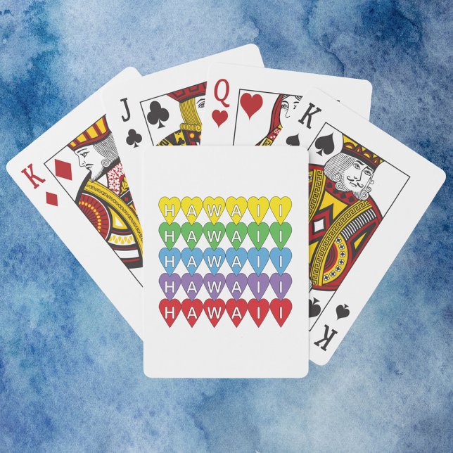 Baraja De Cartas Arcoiris del corazón de Hawái (A deck of playing cards that says Hawaii inside rainbow color hearts.)