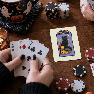 Baraja De Cartas Art Nouveau Gato Negro Calabaza Púrpura Otoño Amar