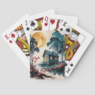 Baraja De Cartas Arte de Cabaña Iluminada por la Luna en Bosque Jap