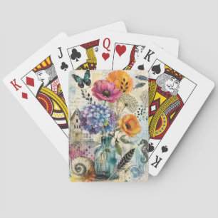 Baraja De Cartas Arte de collage de medios mixtos botánicos vibrant