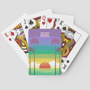 Baraja De Cartas Arte de monograma de palmeras de puesta de sol púr