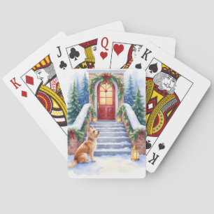 Baraja De Cartas Arte de Navidad de escalera nevada con Terrier Ces