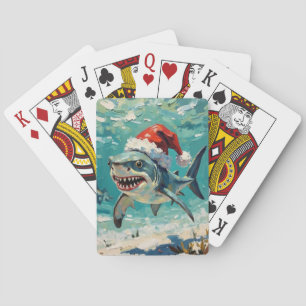 Baraja De Cartas Arte Navideño de Tiburón Vintage con Sombrero de S