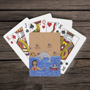 Baraja De Cartas Arte Popular Señora Gato Playa Océano Delfín Nadan