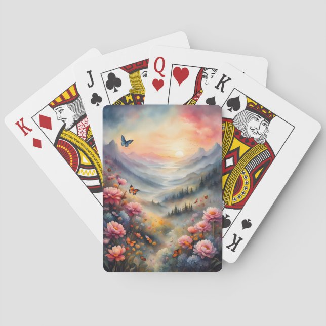 Baraja De Cartas Atardecer de montaña, flores y mariposas (Reverso)