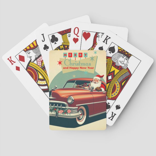 Baraja De Cartas Auto rojo vintage y Santa (Reverso)