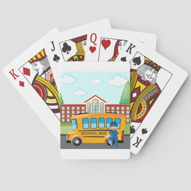 Baraja De Cartas Autobús Escolar Amarillo con Conductor y Edificio  (Reverso)