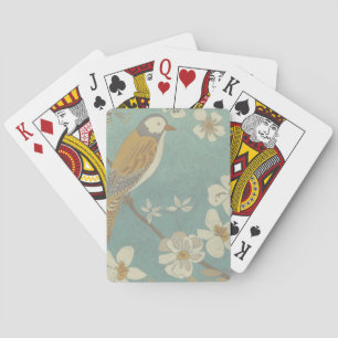 Baraja De Cartas Ave amarillo, gris y beige encaramado en una rama