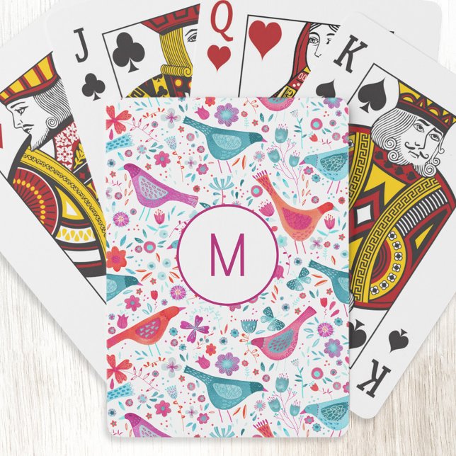 Baraja De Cartas Aves acuarelas en un monograma de un jardín de flo (Watercolor bird and wildflower personalized monogram initial art playing cards)