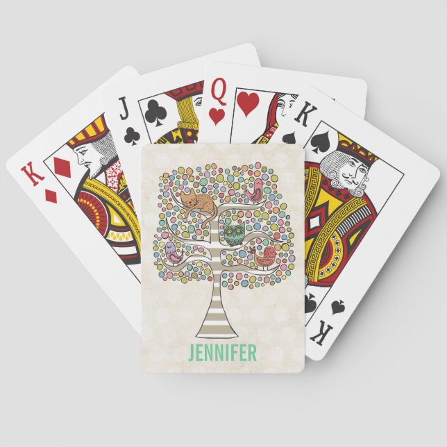 Baraja De Cartas Aves y búhos de gato en un Ilustracion de árbol (Reverso)
