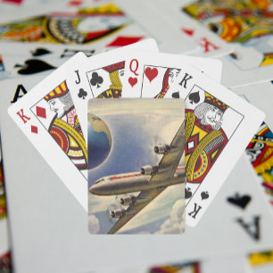 Baraja De Cartas Avión de época volando por el mundo en nubes