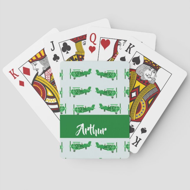 Baraja De Cartas Aviones voladores verdes sobre azul (Reverso)