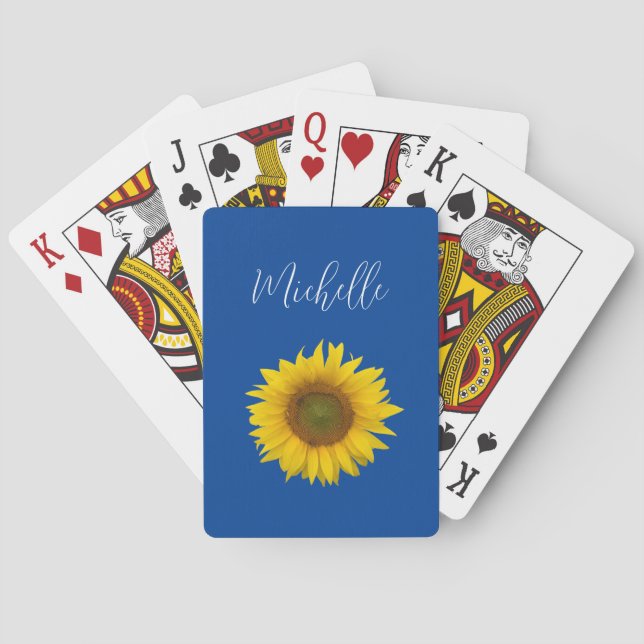 Baraja De Cartas Azul botánico floral de girasol (Reverso)