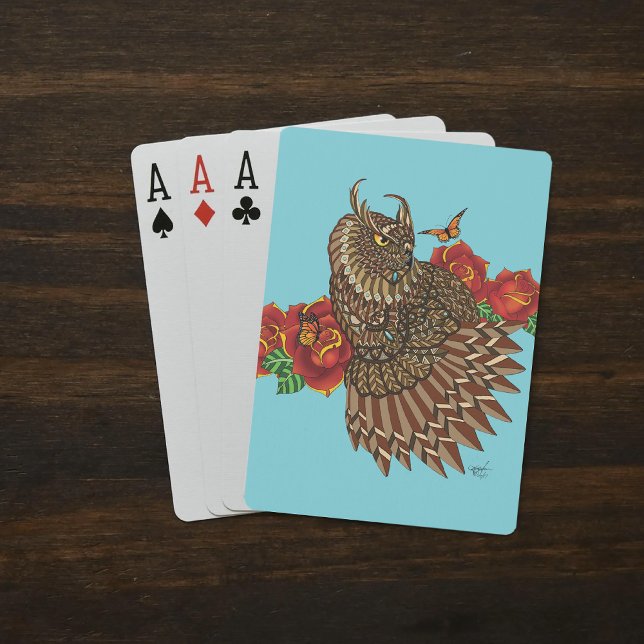Baraja De Cartas Azul de Búho Roses Rojos (Subido por el creador)