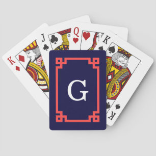 Baraja De Cartas Azul Marino, Rojo Coral Clave Griega Marco #2 Mono